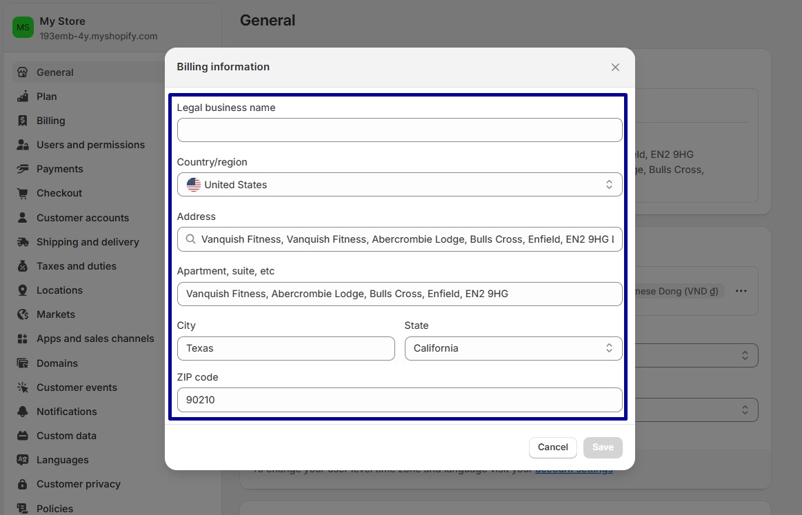 Fill in billing information for your Shopify store